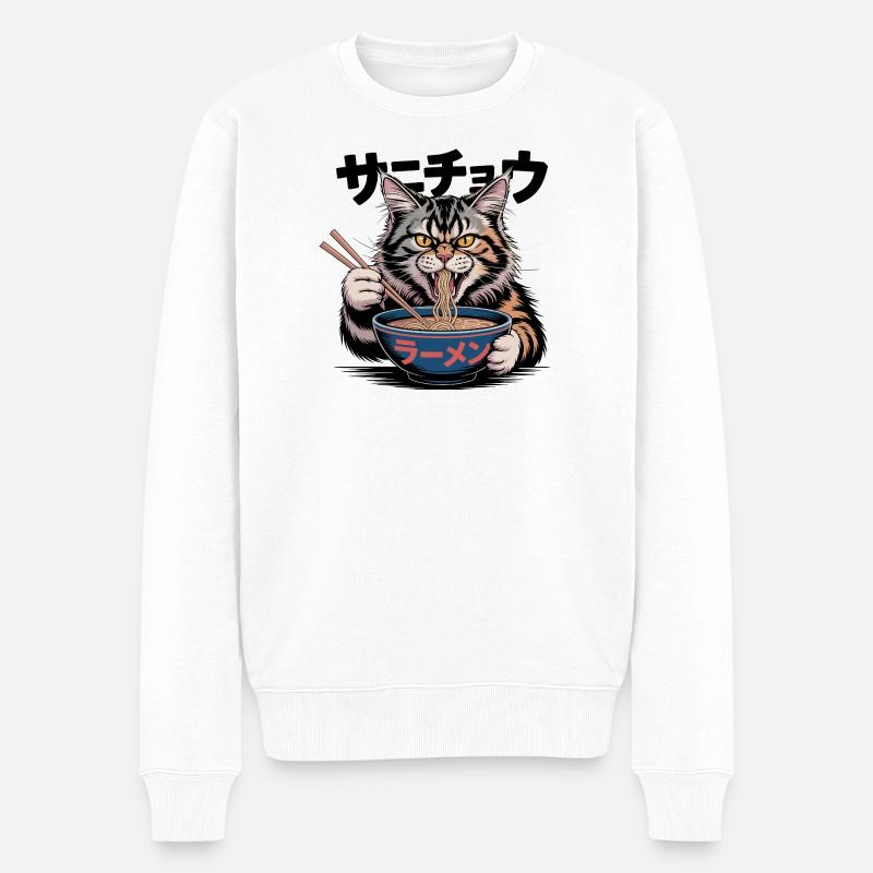 Hungrige Ramen-Katze Lustiges Design - Männer Premium Bio Pullover - Weiß