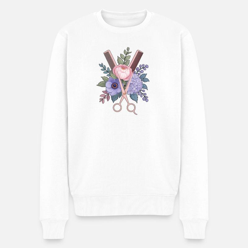 Coiffeur Ciseaux Peigne Fleurs - Pull Premium bio Homme - blanc