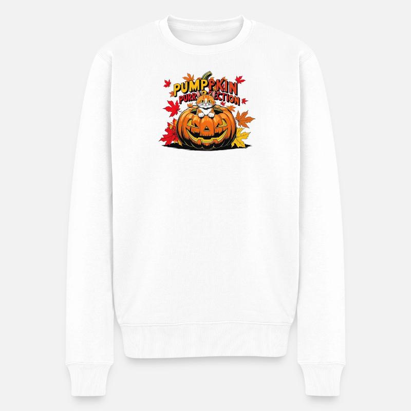 Katzen Halloween Kürbis Design - Männer Premium Bio Pullover - Weiß