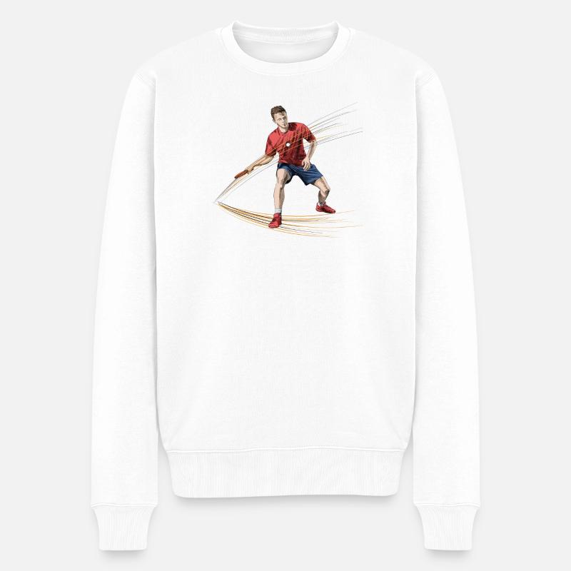Dynamischer Tischtennisspieler mit Energieeffekten - Männer Premium Bio Pullover - Weiß