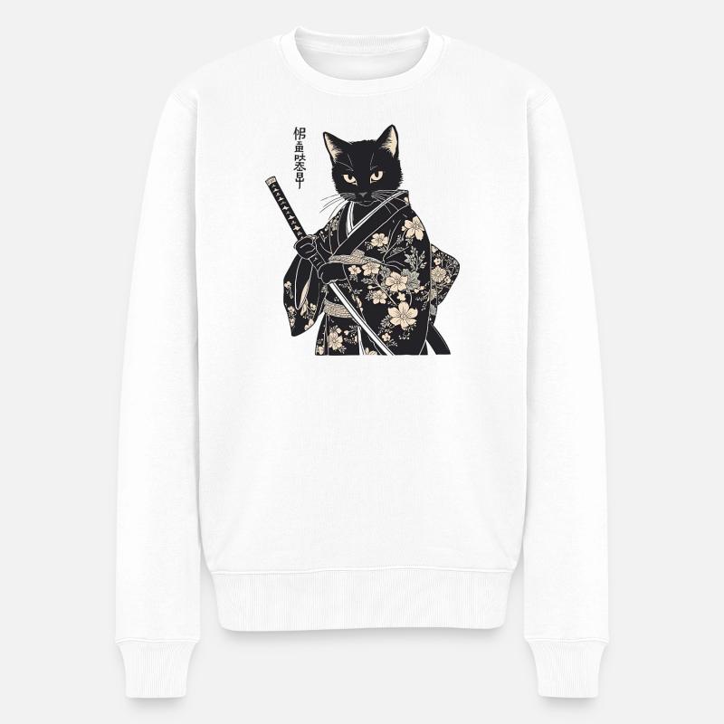 Chat samouraï – Style japonais moderne - Pull Premium bio Homme - blanc