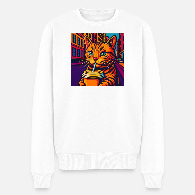 Lebhafte Stadtkatze mit Getränk, liebe Katzen - Männer Premium Bio Pullover - Weiß