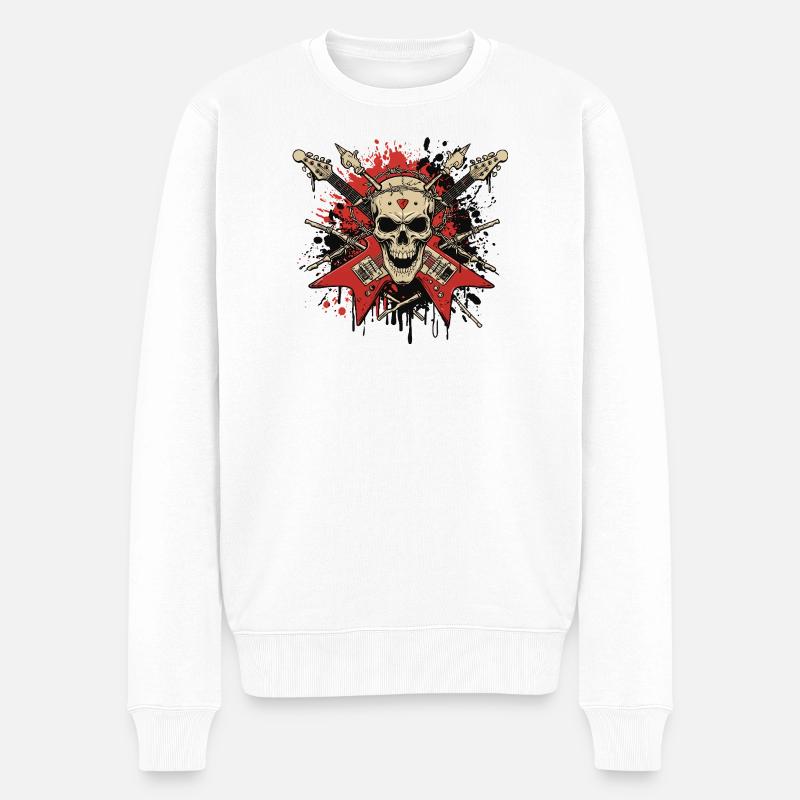 Rock Skull Electric Guitar Design - Männer Premium Bio Pullover - Weiß