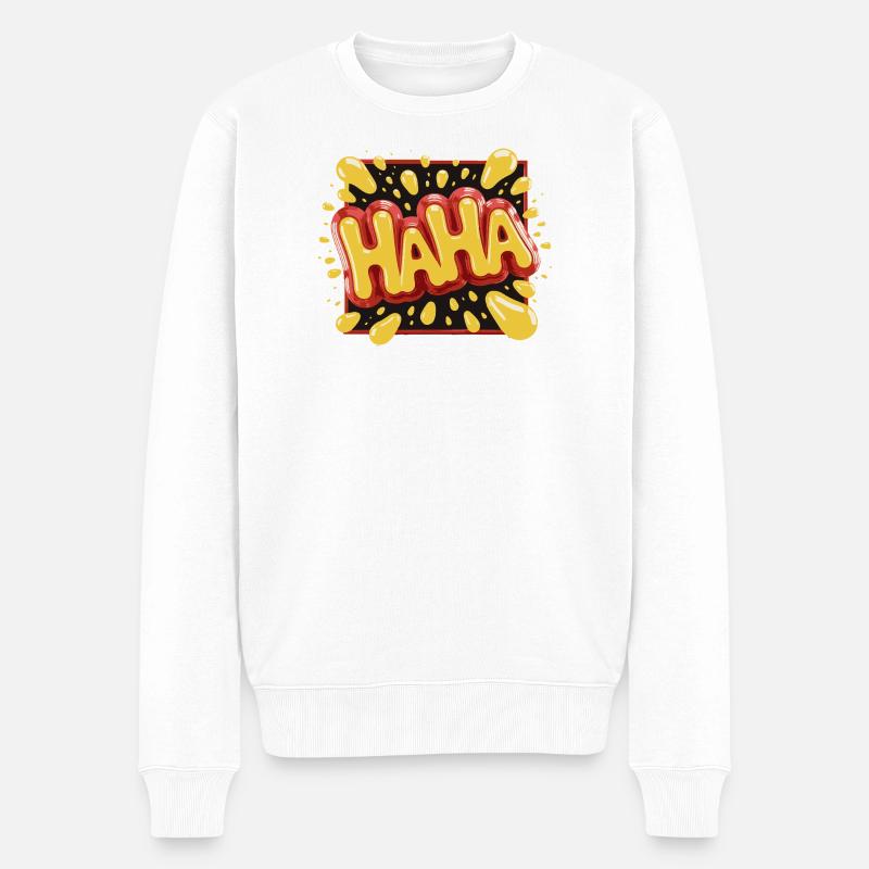Lebhaftes Haha-Design im Comic-Stil - Männer Premium Bio Pullover - Weiß