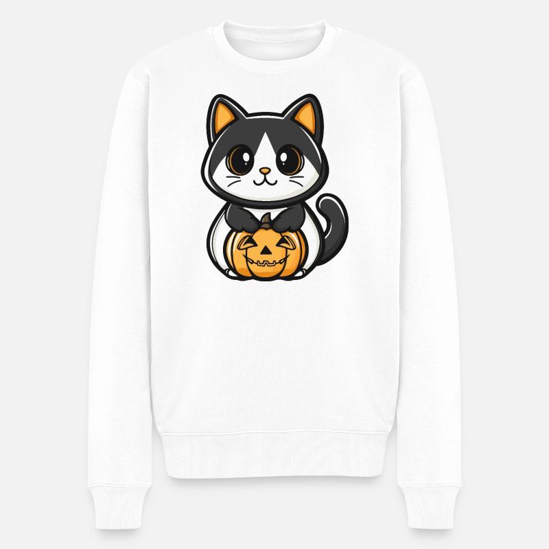 Katze Kürbis Halloween - Männer Premium Bio Pullover - Weiß