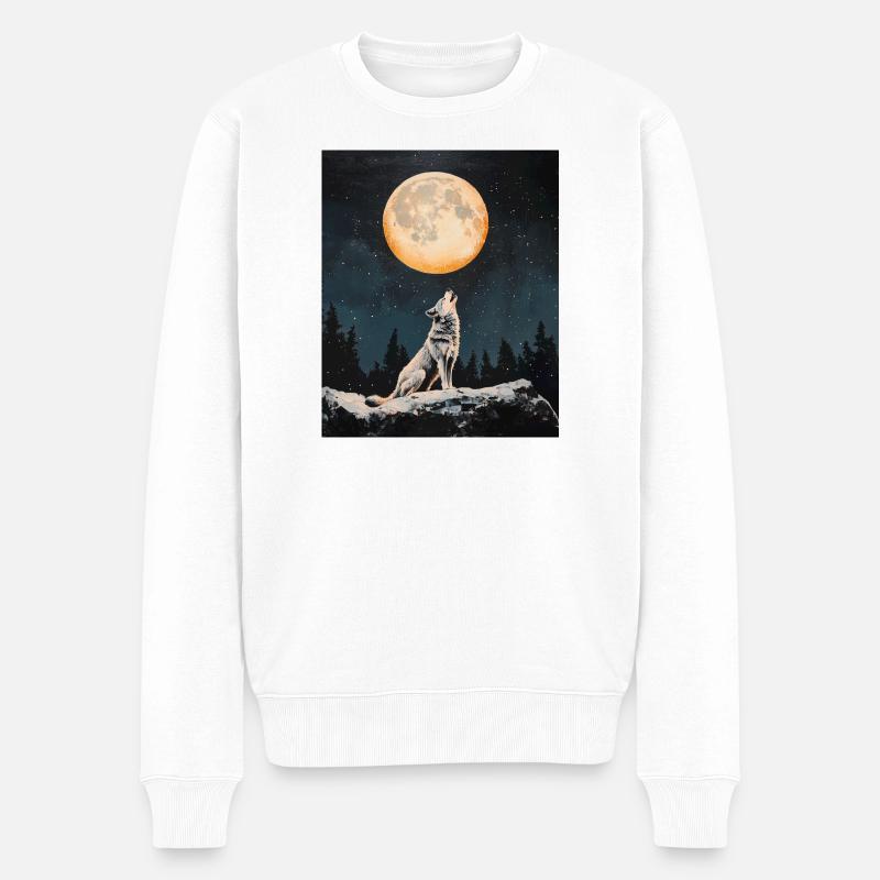 Wolf heult nach Mond - Männer Premium Bio Pullover - Weiß