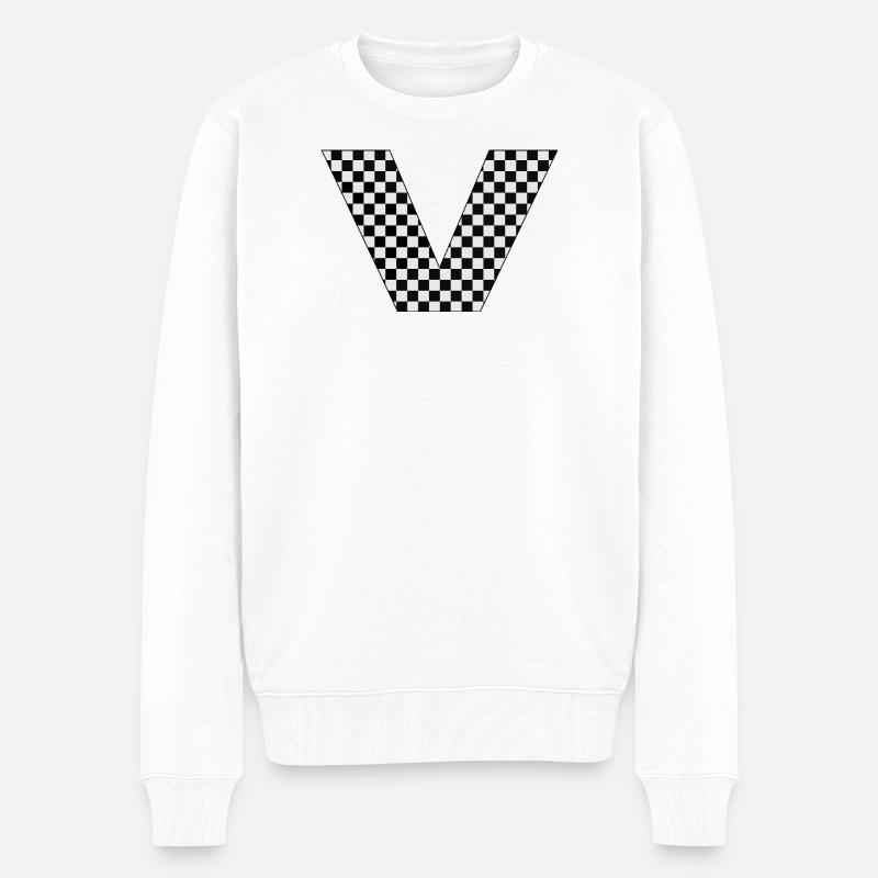 V – Checkerboard Typography Statement - Männer Premium Bio Pullover - Weiß
