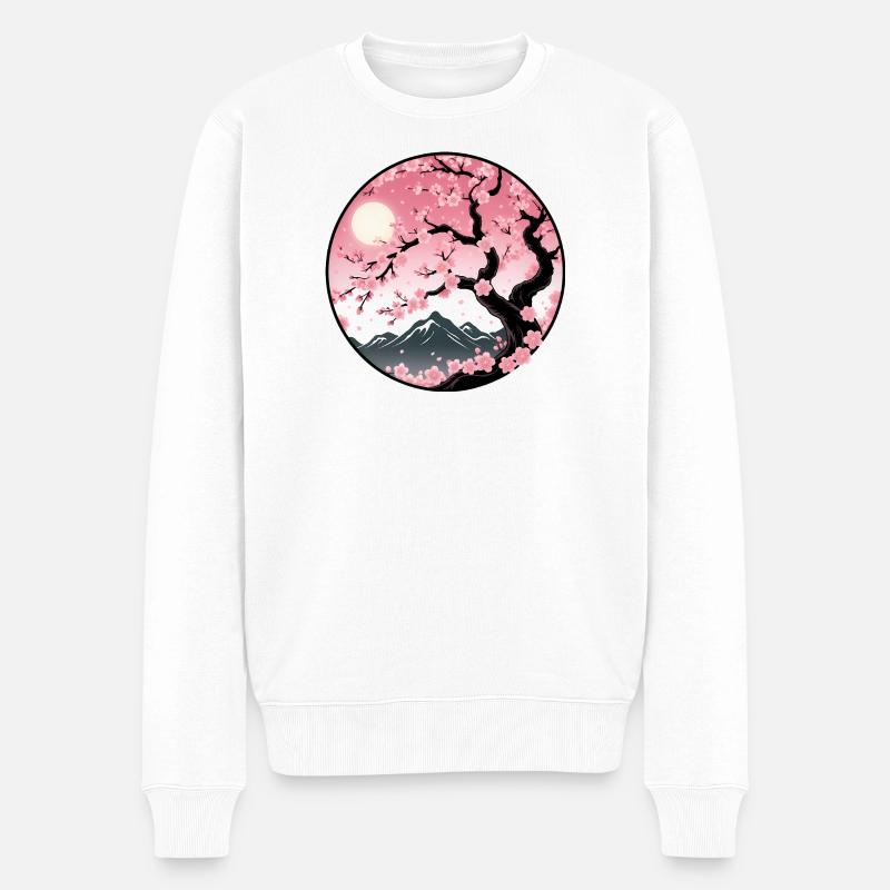 Paysage de montagne de cerisier en fleurs - Pull Premium bio Homme - blanc