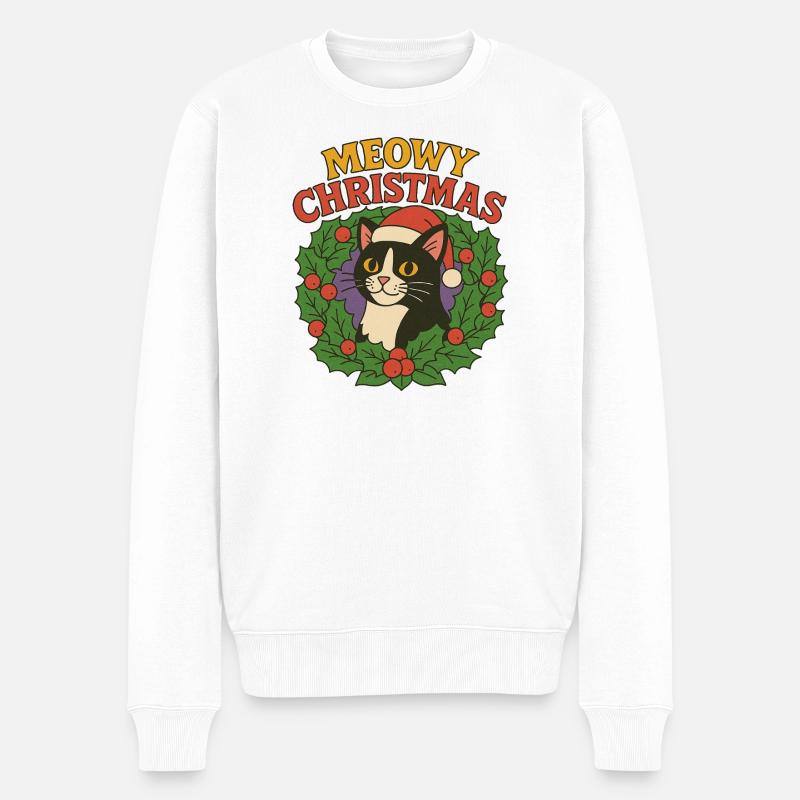 Festliches Katzen-Weihnachtskranz-Design - Männer Premium Bio Pullover - Weiß