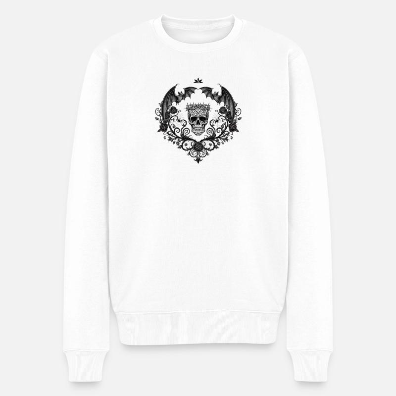 Crâne gothique sombre avec des chauves-souris - Pull Premium bio Homme - blanc