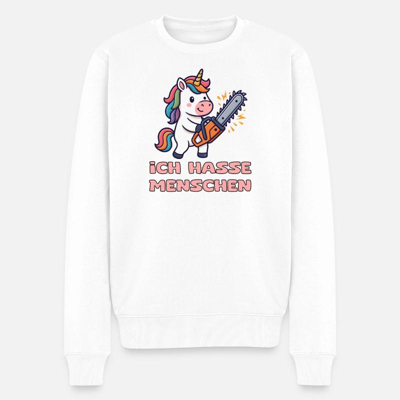 Einhorn mit Kettensäge und Humor - Männer Premium Bio Pullover - Weiß