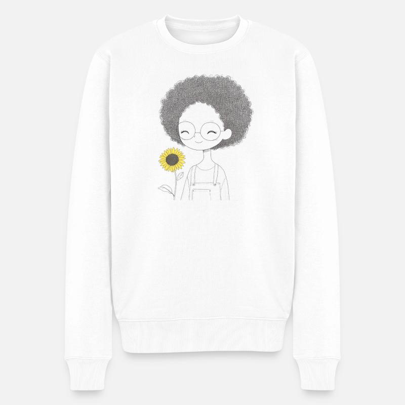 Fröhliches Mädchen mit Sonnenblume - Männer Premium Bio Pullover - Weiß