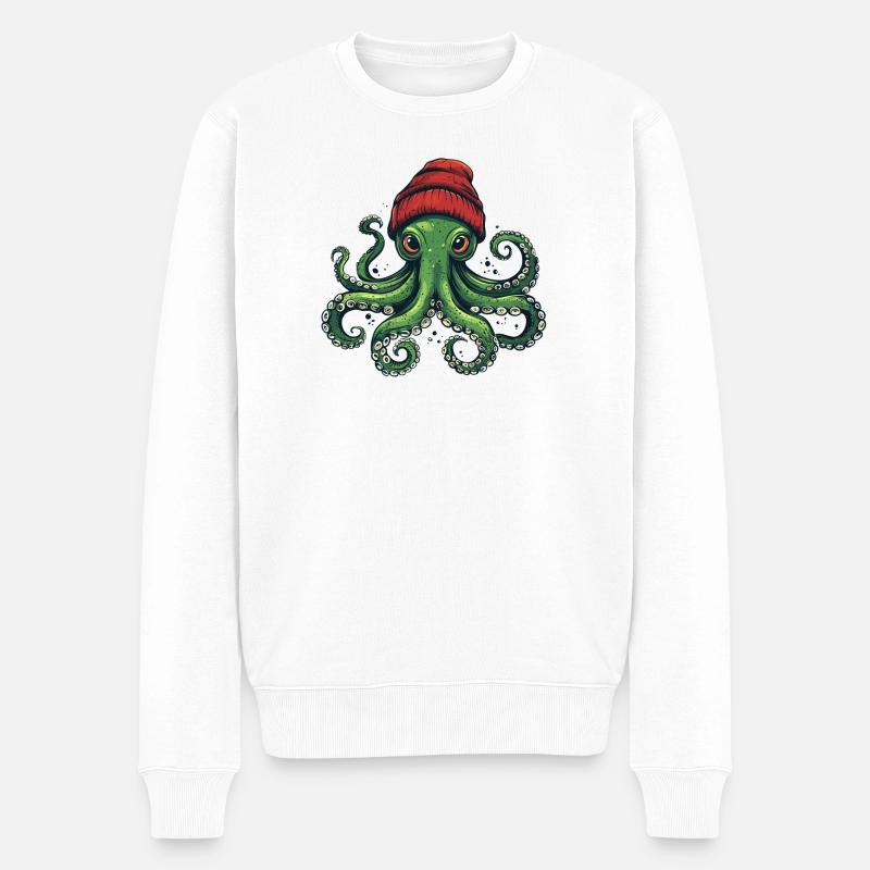 Oktopus mit roter Mütze - Männer Premium Bio Pullover - Weiß