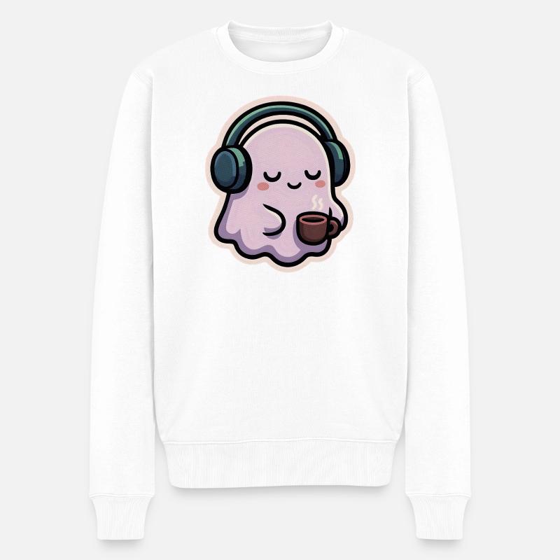 Entspannter Geist mit Kopfhörern und Kaffee - Männer Premium Bio Pullover - Weiß