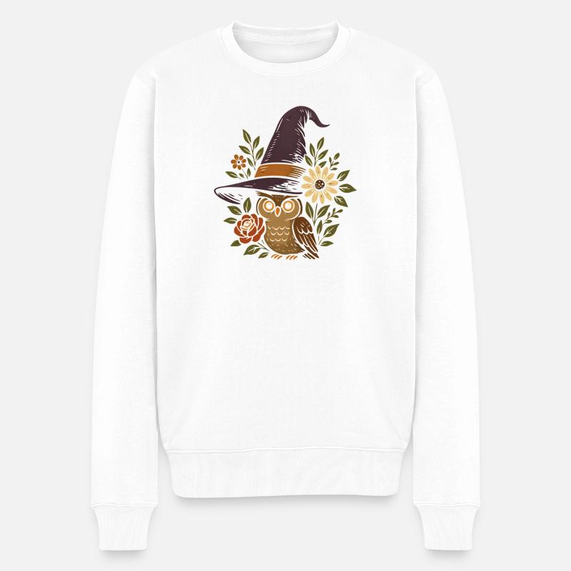 Eule im Zauberhut mit Blumen - Männer Premium Bio Pullover - Weiß