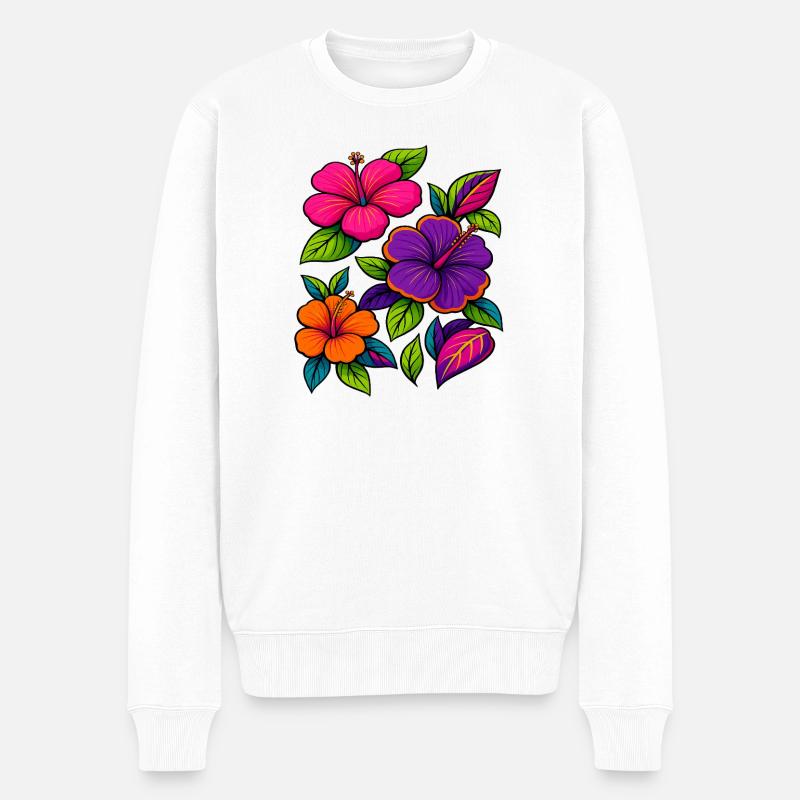 Motifs floraux vibrants d’hibiscus - Pull Premium bio Homme - blanc
