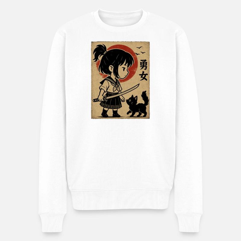 Fille courageuse avec katana et chat - Pull Premium bio Homme - blanc