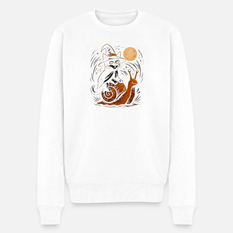 Nächtlicher Zauber mit Zauberer- Katze - Männer Premium Bio Pullover - Weiß