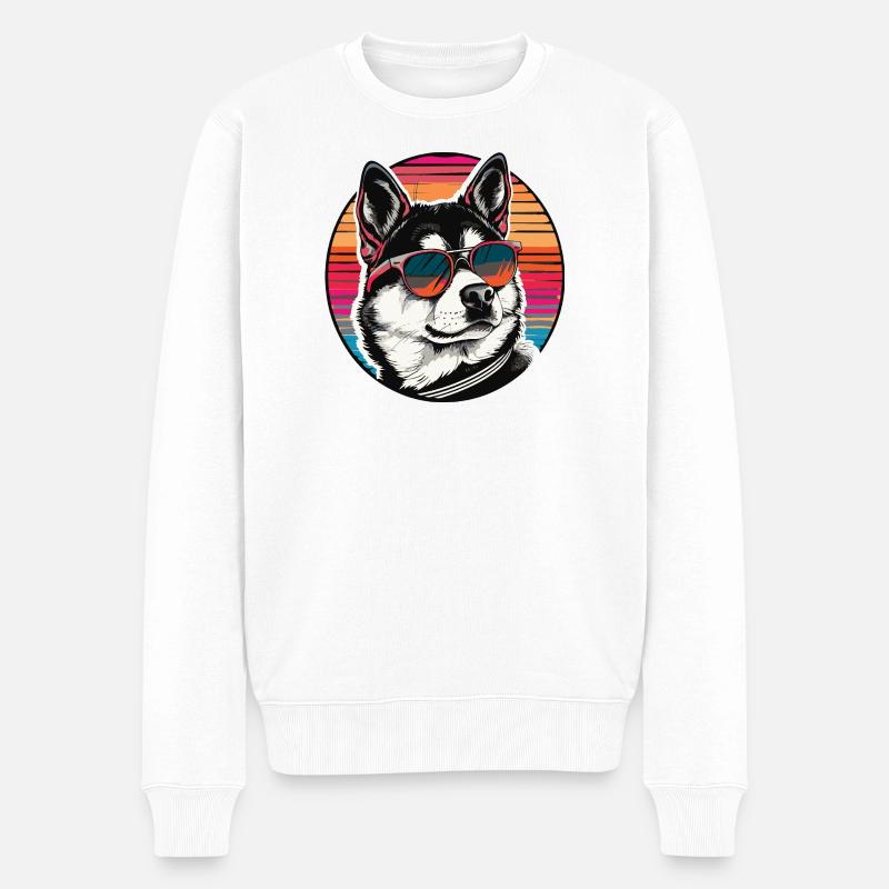 Cool Husky mit Sonnenbrille im Retro-Stil - Männer Premium Bio Pullover - Weiß