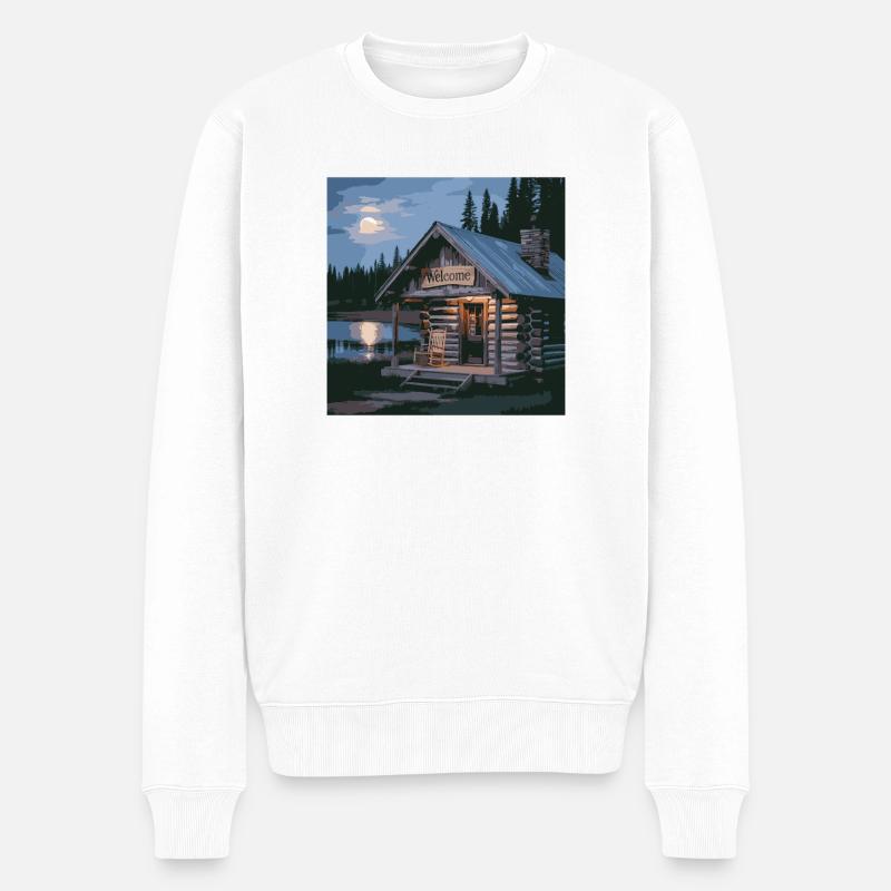 Rustikale Seehütte Nachtszene - Männer Premium Bio Pullover - Weiß