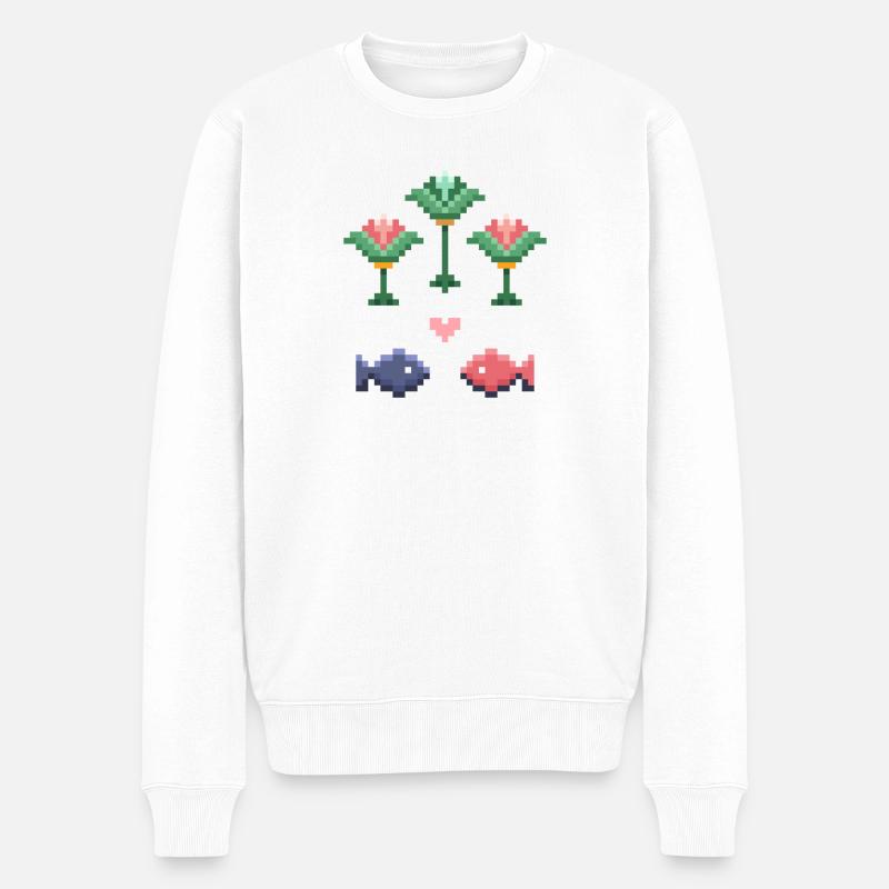 Pixel Art Motif Poisson et Fleur - Pull Premium bio Homme - blanc
