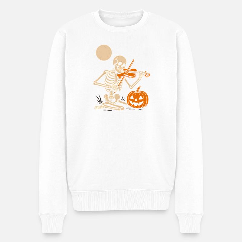 Skeletor mit Violine und Kürbis Halloween - Männer Premium Bio Pullover - Weiß