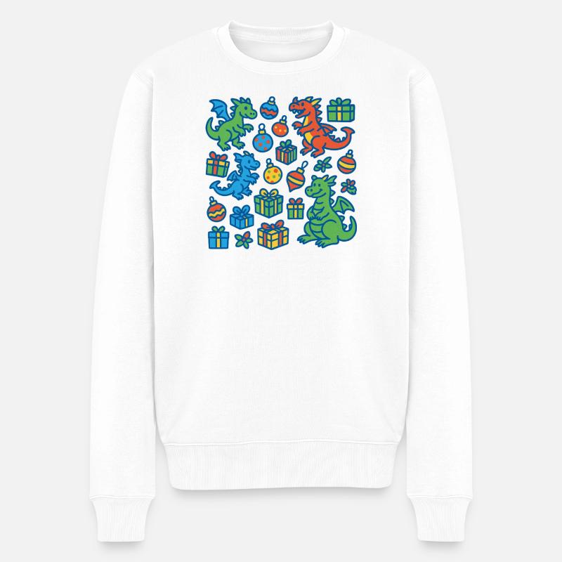 Festlicher Cartoon Drache und Geschenkmuster - Männer Premium Bio Pullover - Weiß