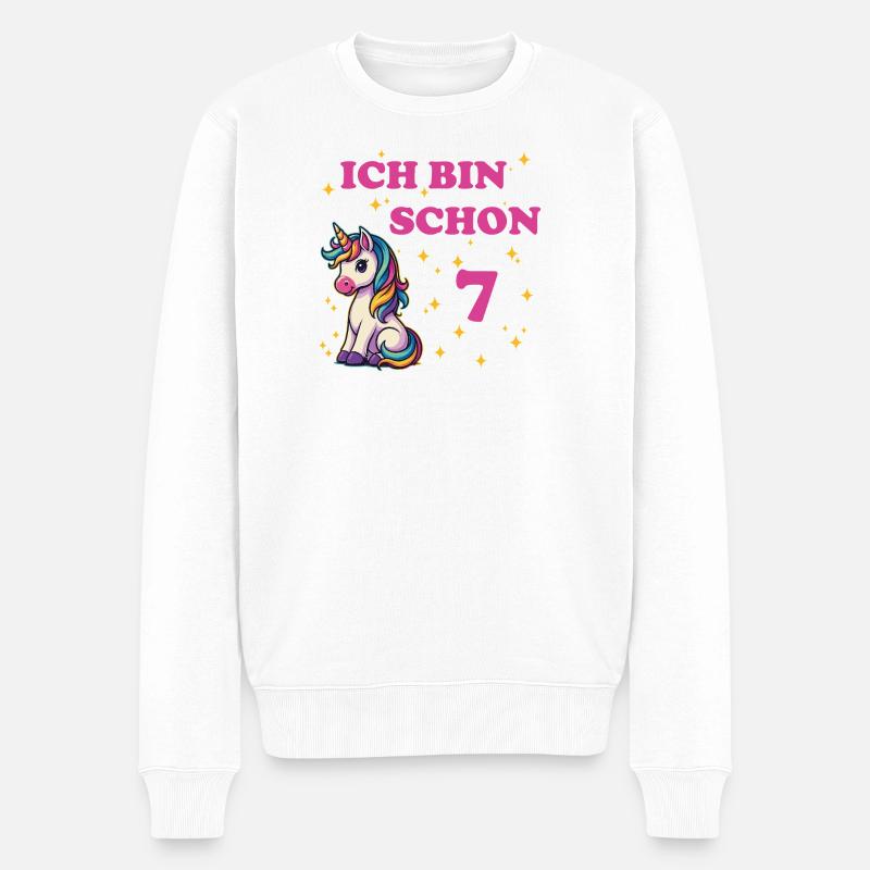 Kindergeburtstag 7, Tanzendes Lustiges Einhorn - Männer Premium Bio Pullover - Weiß