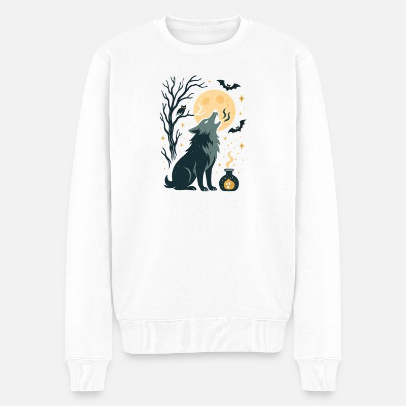 Mondvollwolf Heult Im Nachtwald - Männer Premium Bio Pullover - Weiß