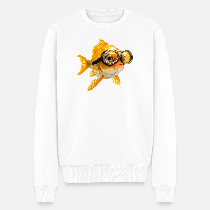 Goldfisch mit Taucherbrille - Männer Premium Bio Pullover - Weiß