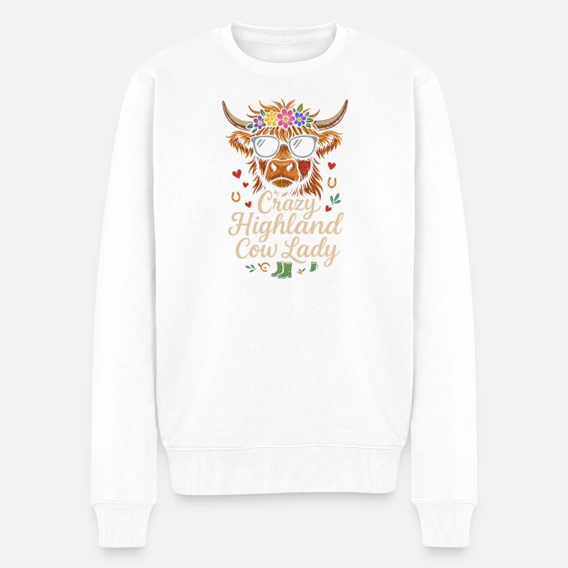 Verrückte Hochlandkuh-Dame - Männer Premium Bio Pullover - Weiß