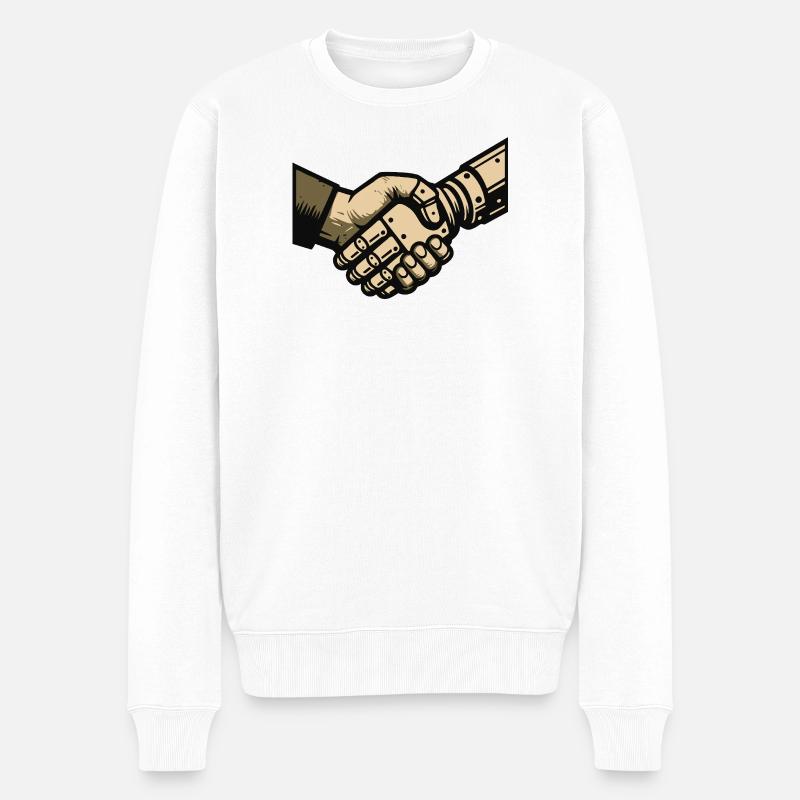 Handschlag zwischen Mensch und Maschine - Männer Premium Bio Pullover - Weiß