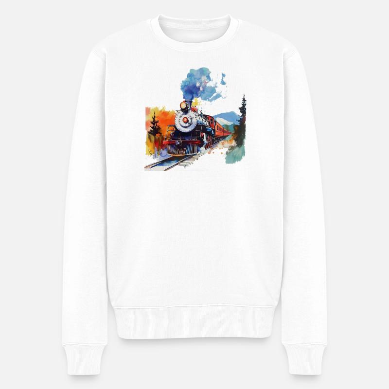 Aquarell Dampflok in den Bergen - Männer Premium Bio Pullover - Weiß