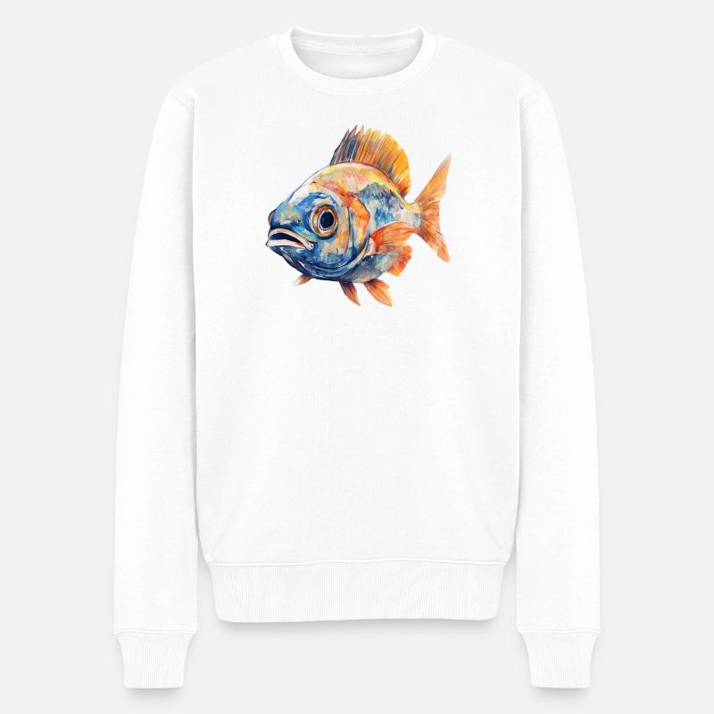 Aquarellfisch Farbexplosion - Männer Premium Bio Pullover - Weiß