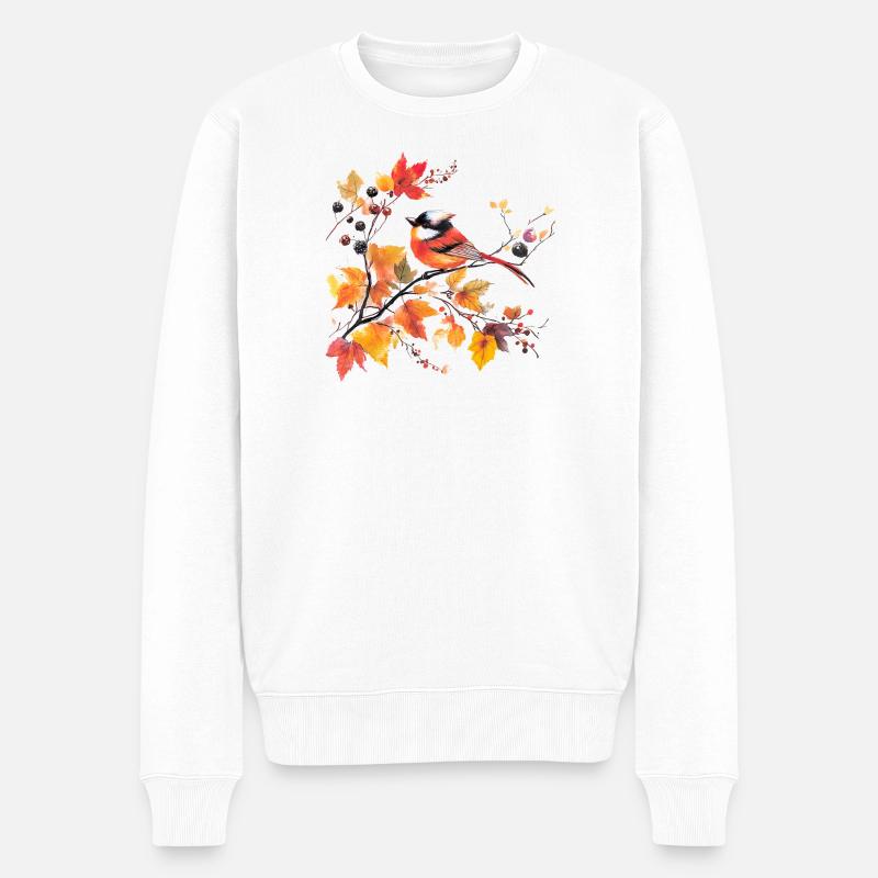 Vogel im Herbst auf Blattzweig - Männer Premium Bio Pullover - Weiß