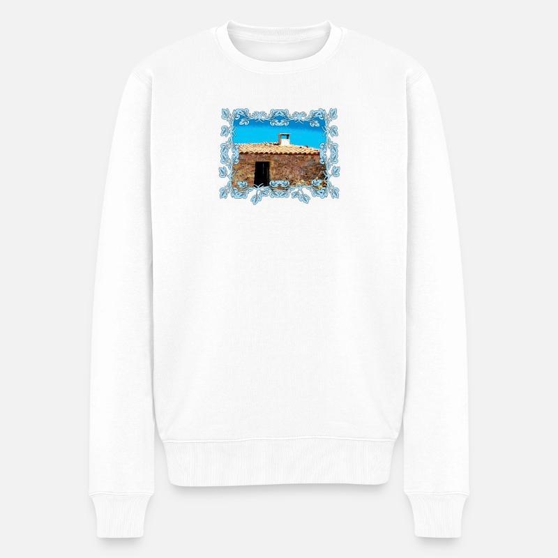 Azurrahmen um mediterranes Steinhaus - Männer Premium Bio Pullover - Weiß