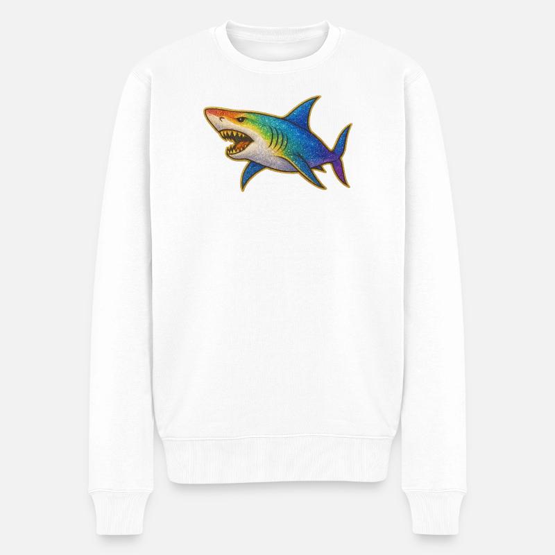 Motif requin scintillant arc-en-ciel - Pull Premium bio Homme - blanc