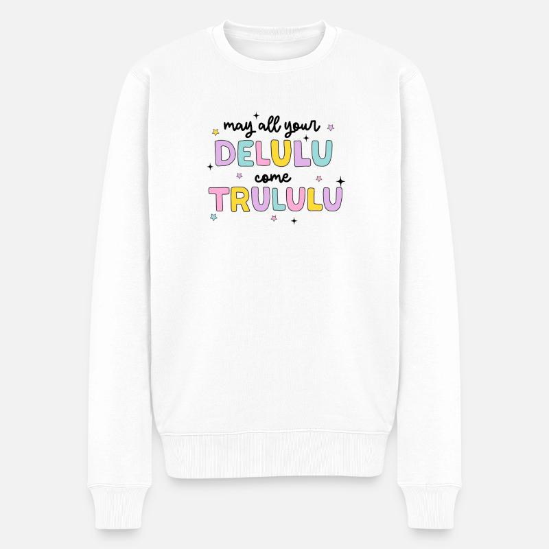 Pastell Delulu Trulu Spruch - Männer Premium Bio Pullover - Weiß