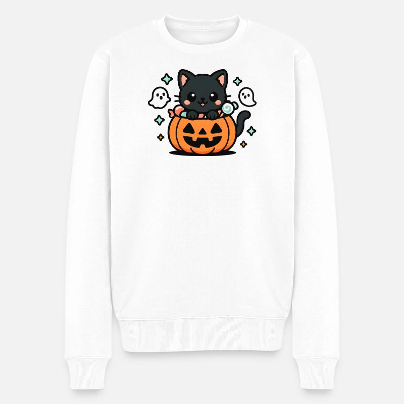 Chaton kawaii dans citrouille Halloween - Pull Premium bio Homme - blanc