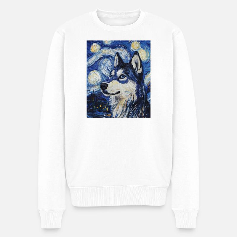 Husky Hund Hunde Van Gogh Style Starry Night - Männer Premium Bio Pullover - Weiß