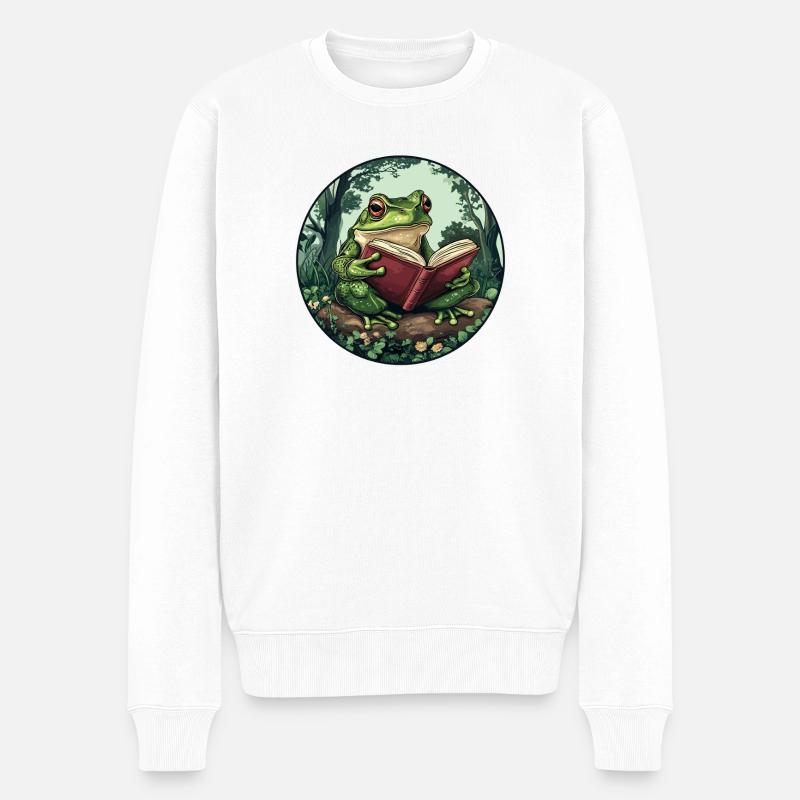Frosch im Wald liest Buch - Männer Premium Bio Pullover - Weiß