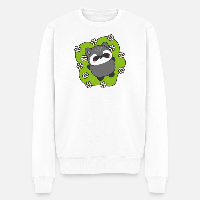 Waschbär-Freude unter den Blumen - Männer Premium Bio Pullover - Weiß