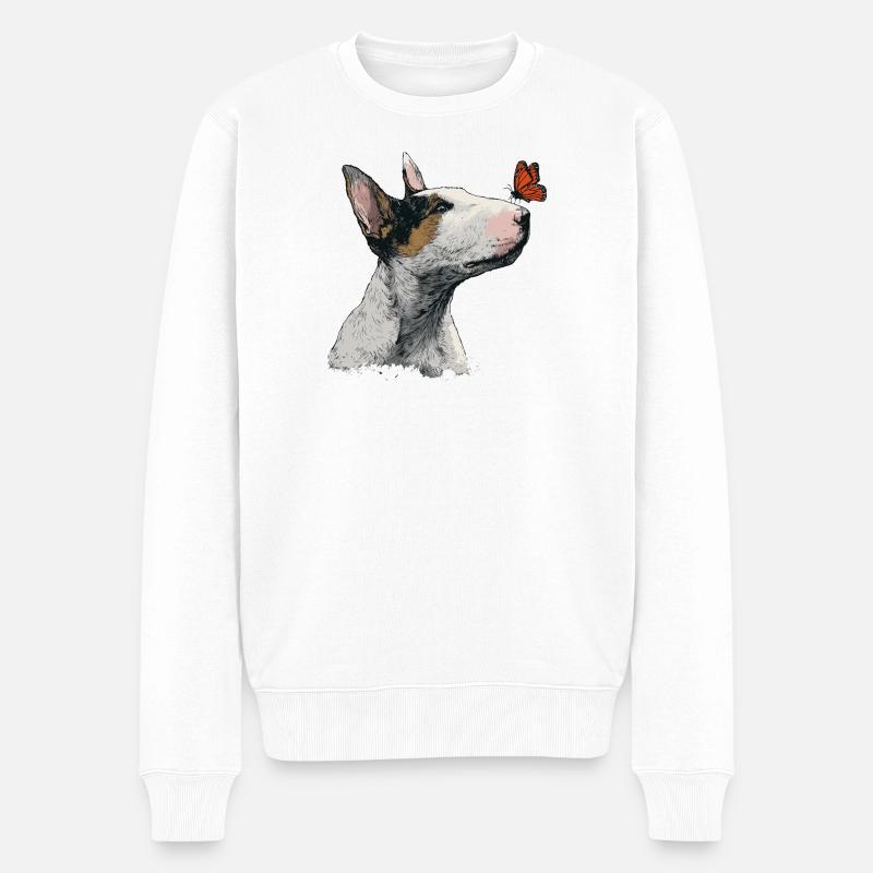 Curieux Bull Terrier avec papillon - Pull Premium bio Homme - blanc