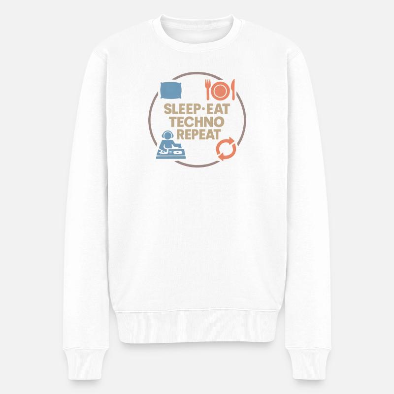 Humour techno – Sommeil · Manger · Techno · Répéter - Pull Premium bio Homme - blanc