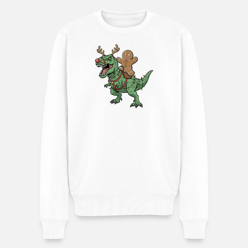 Lebkuchenmann reitet auf T-Rex Weihnachtsdinosauri - Männer Premium Bio Pullover - Weiß