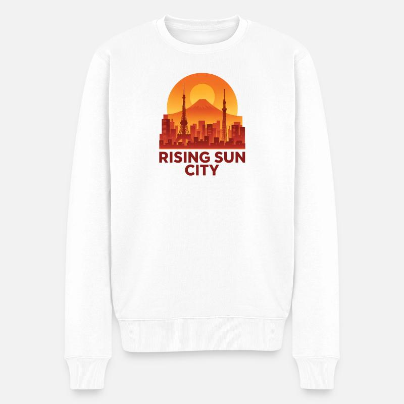 Aufgehende Sonne Stadt Skyline Silhouette  - Männer Premium Bio Pullover - Weiß