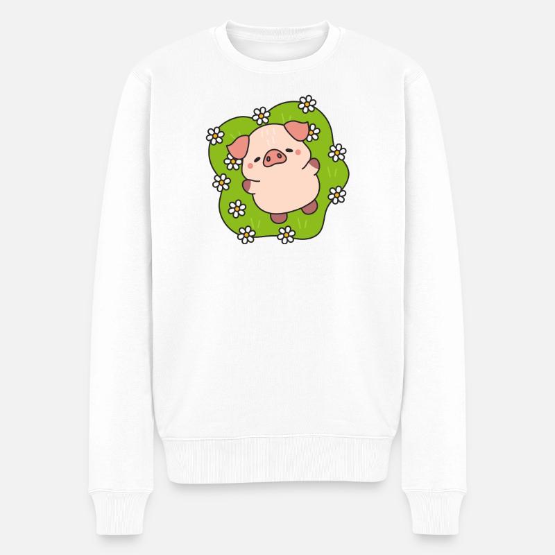 Cochon fleuri joyeux en prairie - Pull Premium bio Homme - blanc
