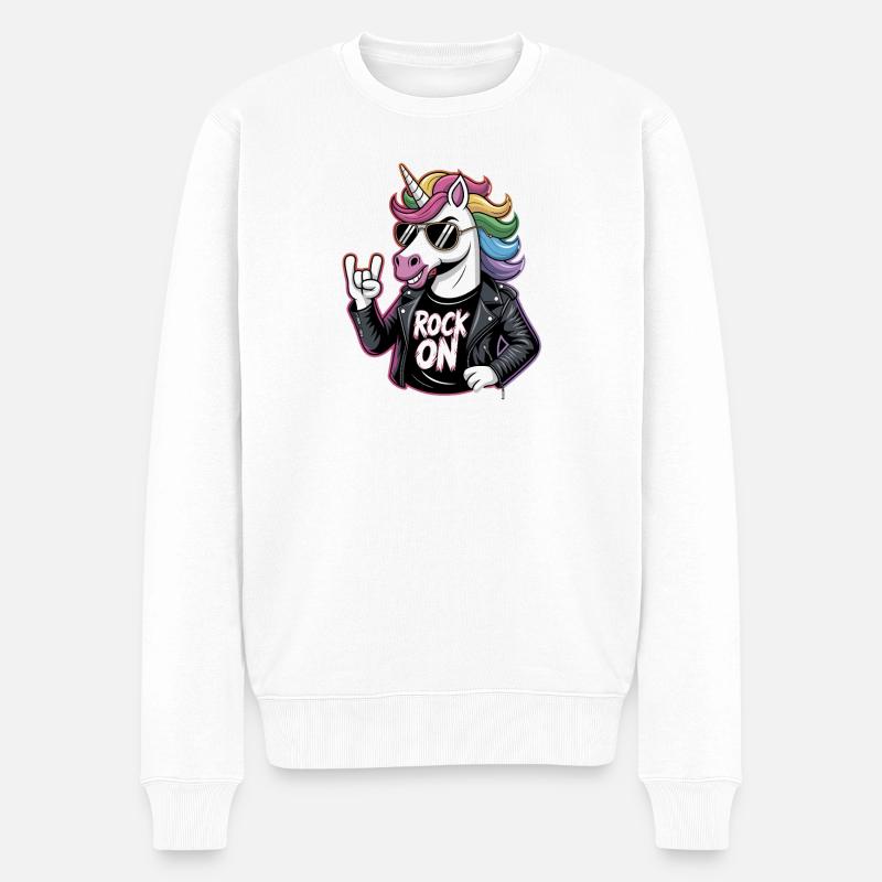  Rock On Einhorn Mit Regenbogenmähne Lederjacke - Männer Premium Bio Pullover - Weiß