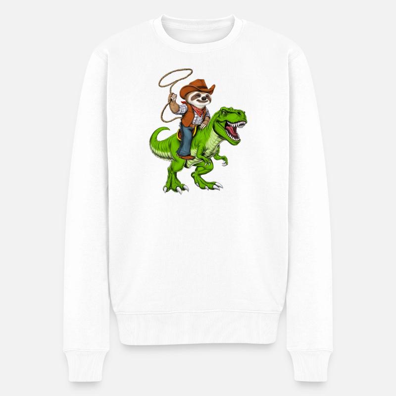 Faultier Cowboy Reitt T-Rex Dinosaurier - Männer Premium Bio Pullover - Weiß
