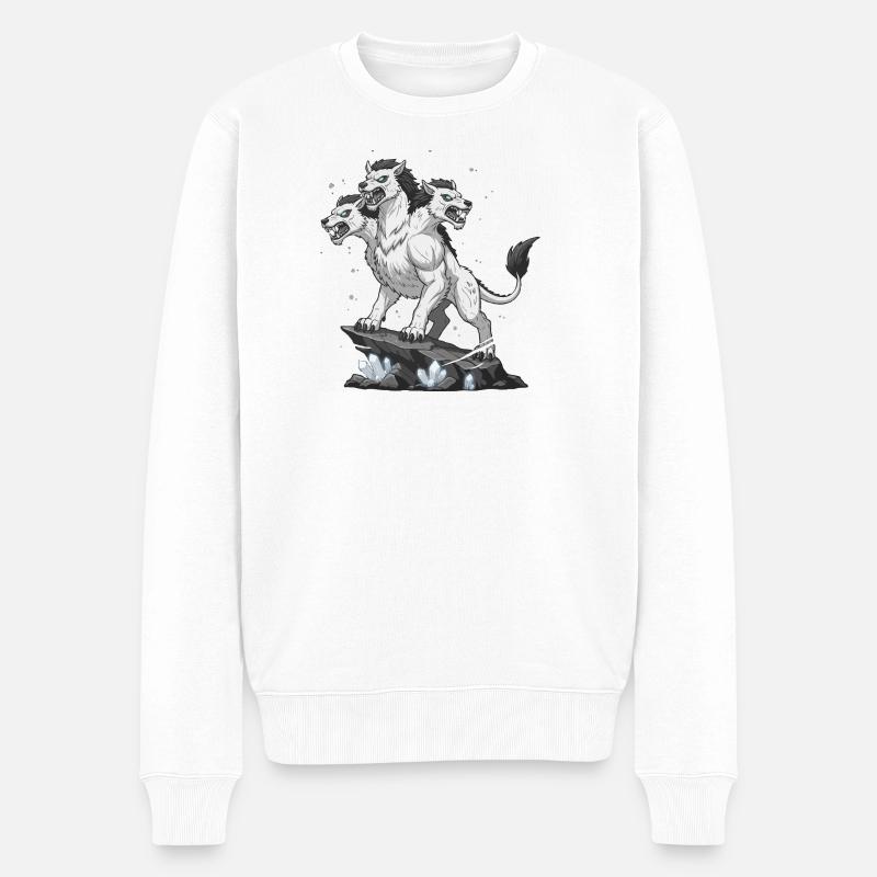 Dreiköpfiger Monsterwolf - Männer Premium Bio Pullover - Weiß